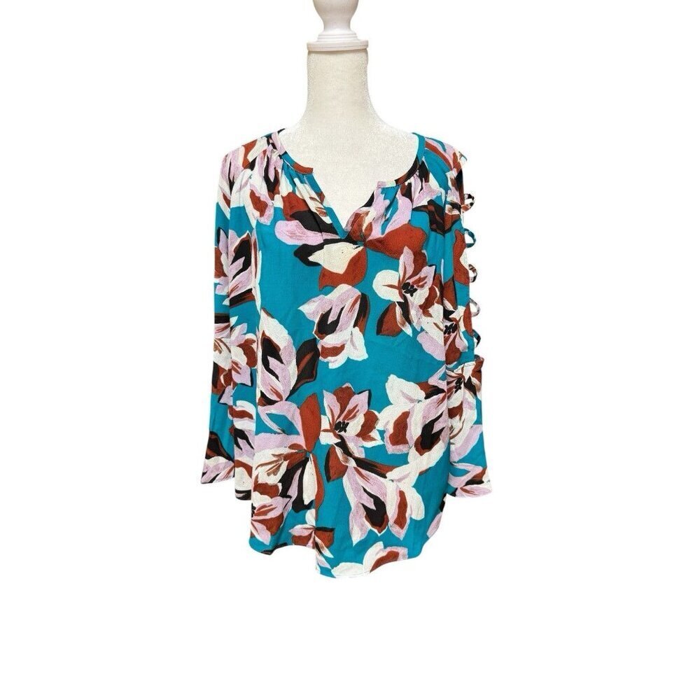 Jennifer Lopez Floral Blouse Teal Pink Cutout Shoulder Boho Top L